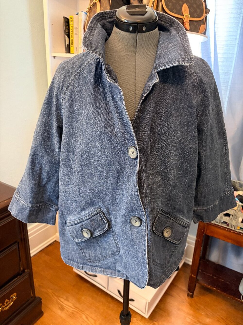Christopher & Banks XL Denim Jacket Stretch Chore Coat Grandmacore 3/4 sleeve
